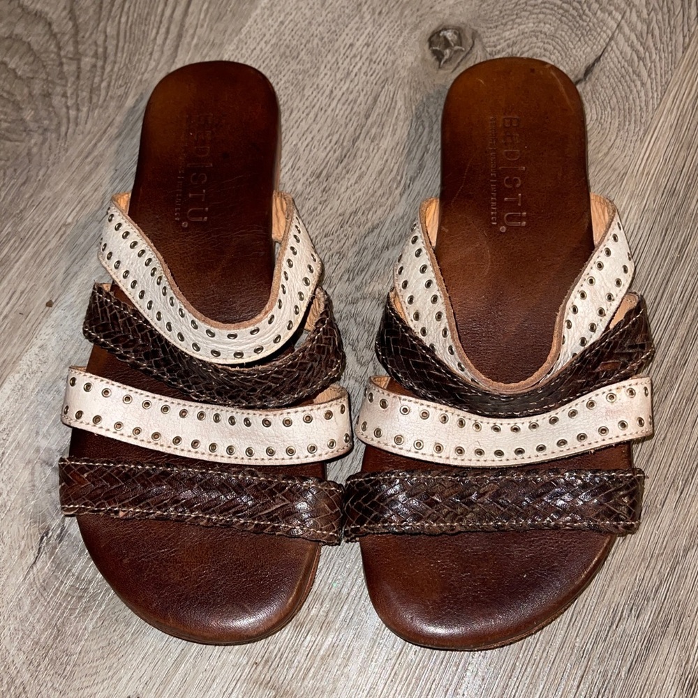 Bed Stu Brown and Cream Leather Braided Slide Sandals